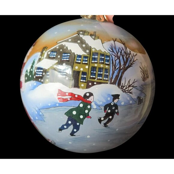 Inside Painted Glass Christmas Ornament Winter Village Scene Skaters Signed 3" - Picture 3 of 9